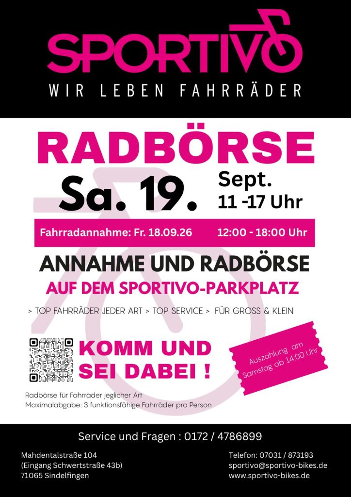 Plakat der Radbörse bei Sportivo Sindelfingen am Samstag, 19. September 2026, mit Fahrradannahme am Freitag, 18. September